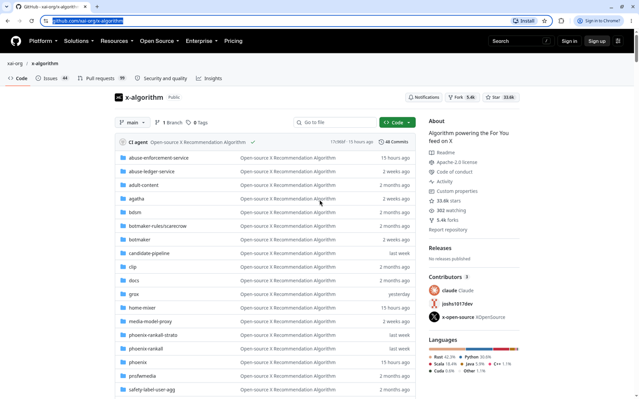 xai-org/x-algorithm repository home: About reads “Algorithm powering the For You feed on X”, the README preview includes “ranks posts using a transformer model”, plus the star count and commit 17c96bf