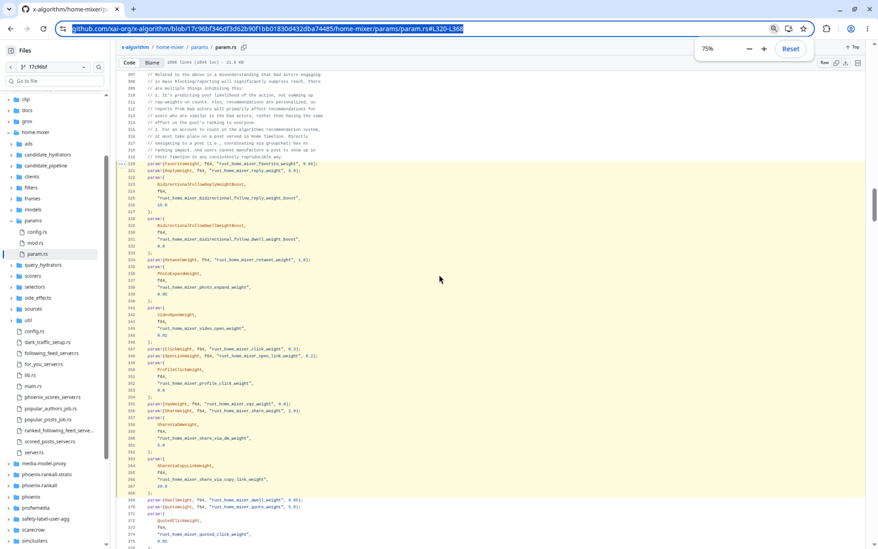 param.rs around L320–L370, with FavoriteWeight 0.66 and ShareViaCopyLinkWeight 20.0 highlighted