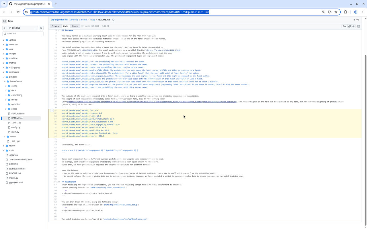 2023 the-algorithm-ml recap README.md lines 31–40, the old weight table