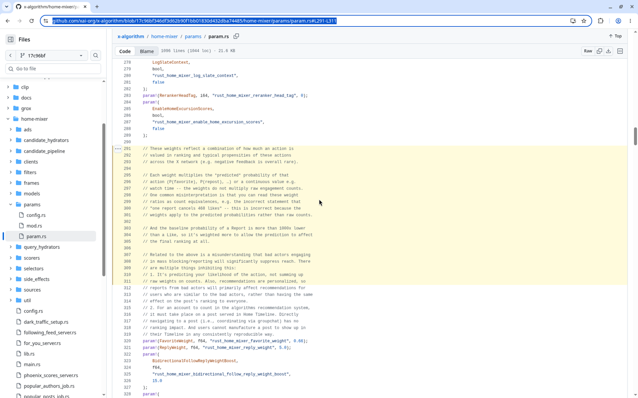 Highlighted comment in param.rs around L291–L311: weights multiply predicted probabilities, not engagement counts