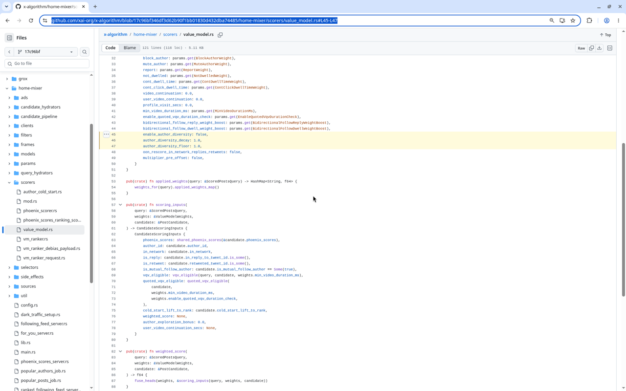 value_model.rs lines 45–47, with enable_author_diversity: false highlighted on line 45