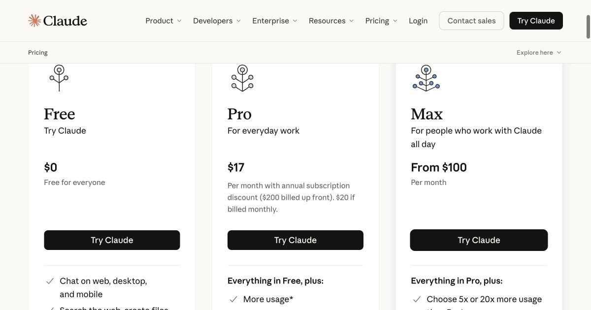 Official Claude individual pricing page comparing Free, Pro, and Max