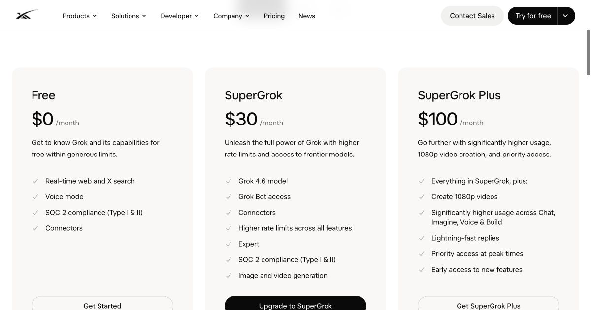 Grok 官方个人套餐页面：Free、SuperGrok 和 SuperGrok Plus